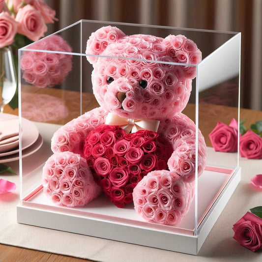 Pink Rose Bear with Magenta Roses Heart - Imaginary Worlds