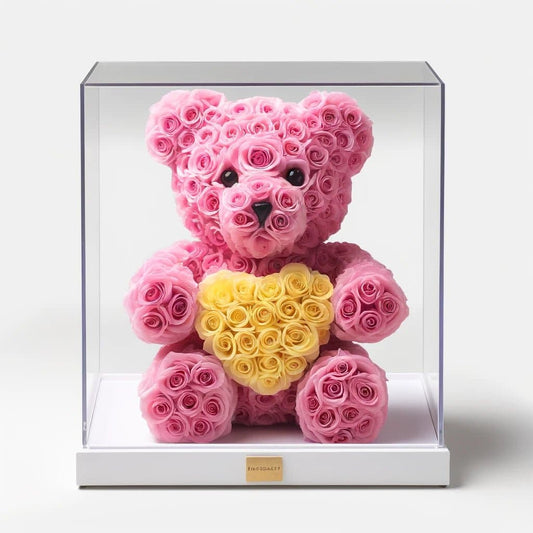 Pink Rose Bear with Yellow Roses Heart - Imaginary Worlds