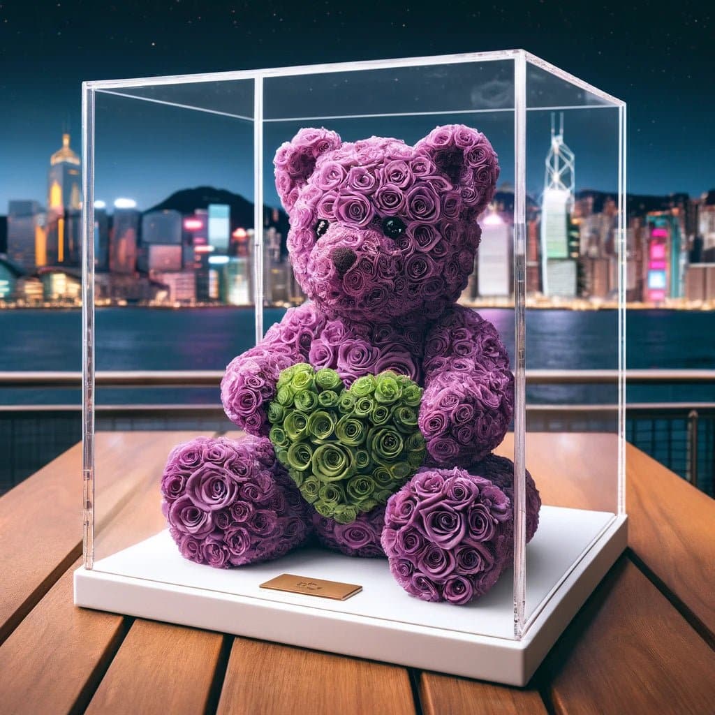 Purple Rose Bear with Green Roses Heart - Imaginary Worlds