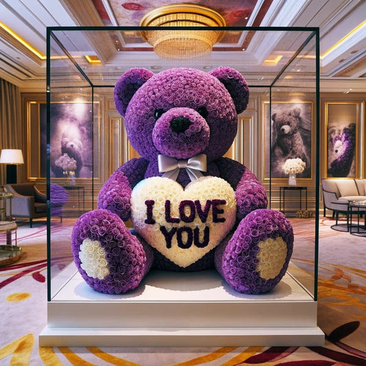 Purple Rose Bear with "I Love You" White Heart - Imaginary Worlds