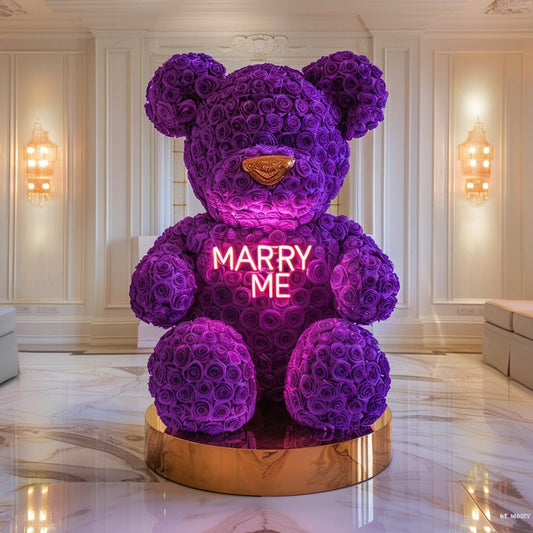 Purple Rose Bear with Neon "Marry Me" Message - Imaginary Worlds