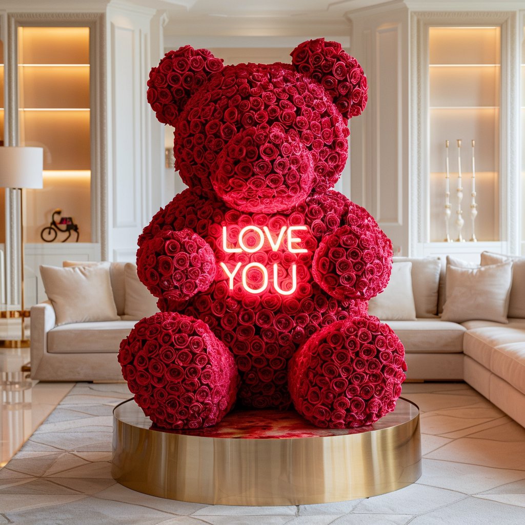 Red Rose Bear with Neon "I Love You" Message - Imaginary Worlds