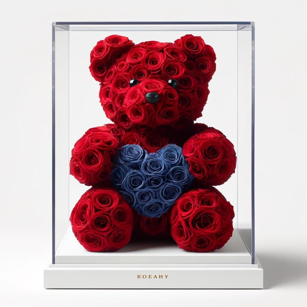 Red Rose Bear with Royal Blue Roses Heart - Imaginary Worlds