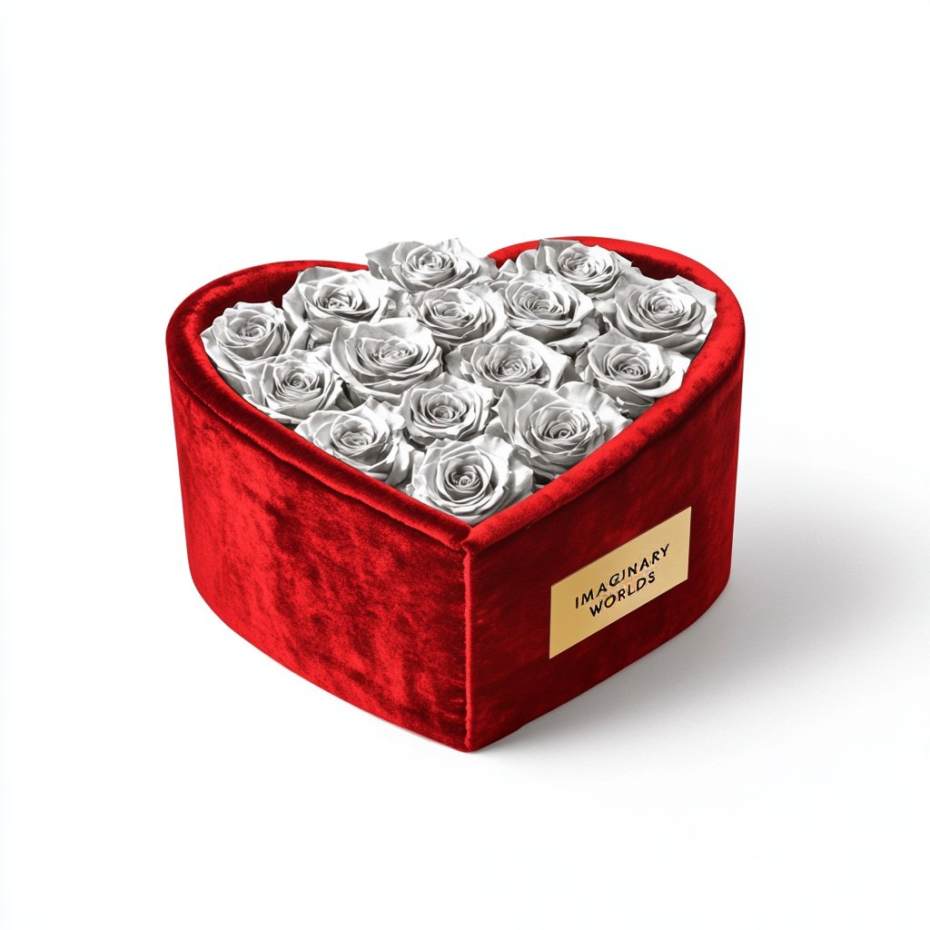 Silver Forever Roses in Heart - Shaped Velvet Box - Imaginary Worlds