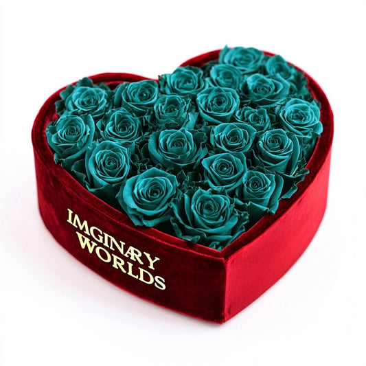 Teal Forever Roses in Heart - Shaped Velvet Box - Imaginary Worlds