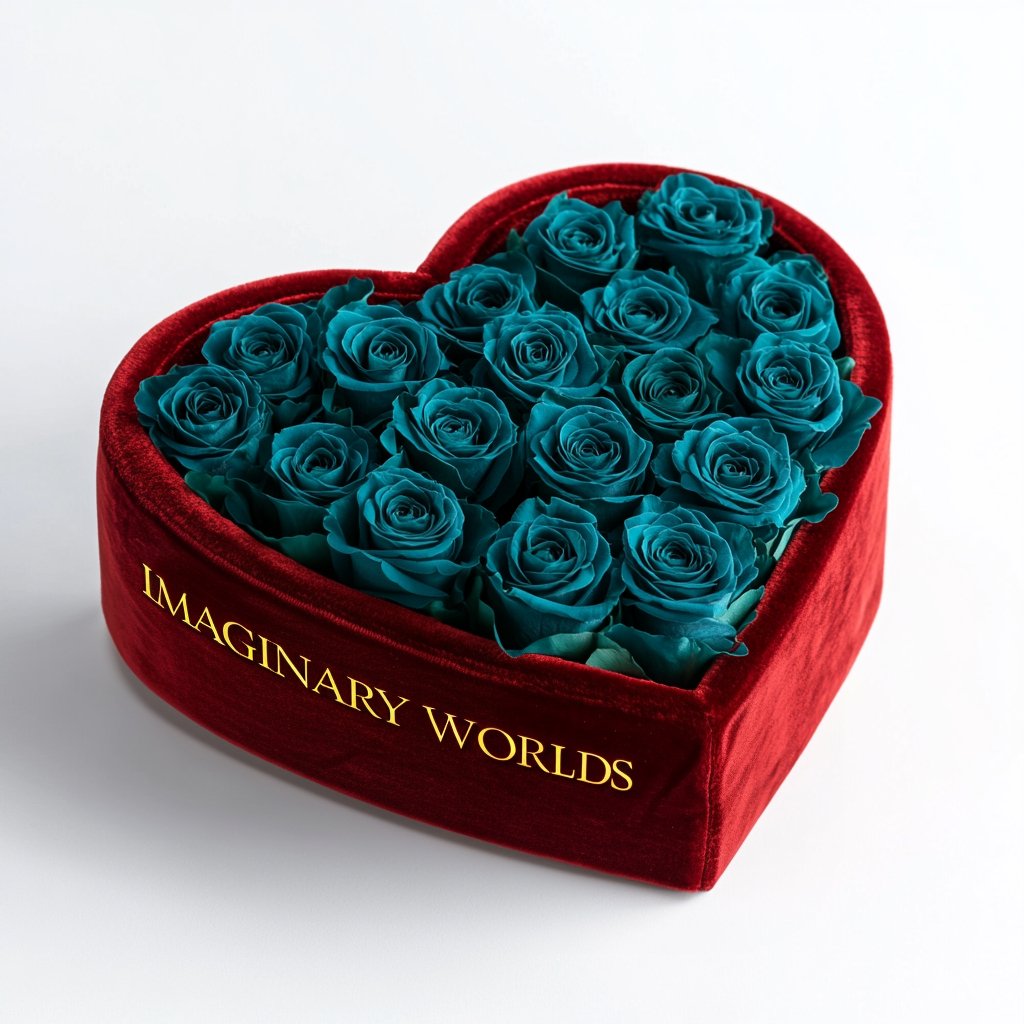 Teal Forever Roses in Heart - Shaped Velvet Box - Imaginary Worlds