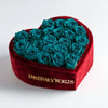 Teal Forever Roses in Heart - Shaped Velvet Box - Imaginary Worlds