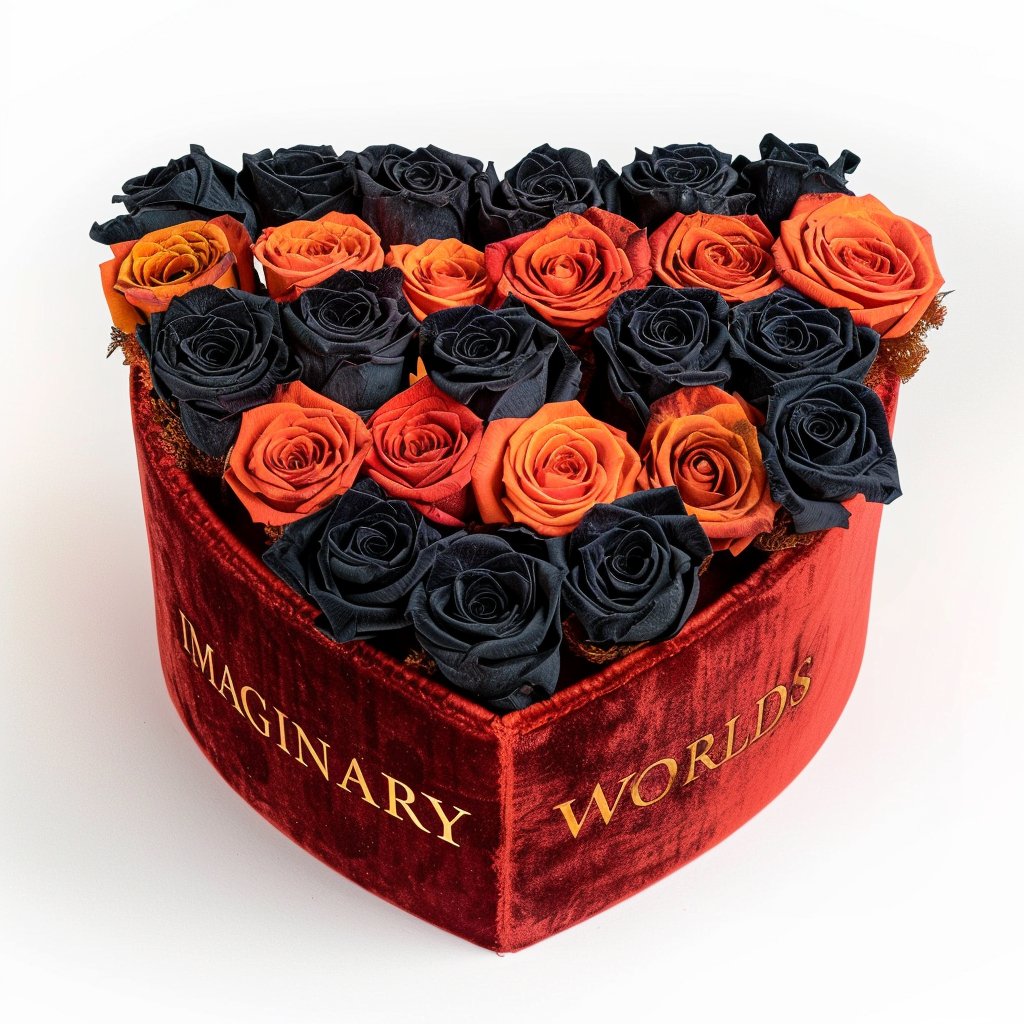 Twilight Glow Roses in Heart - Shaped Black Box - Imaginary Worlds