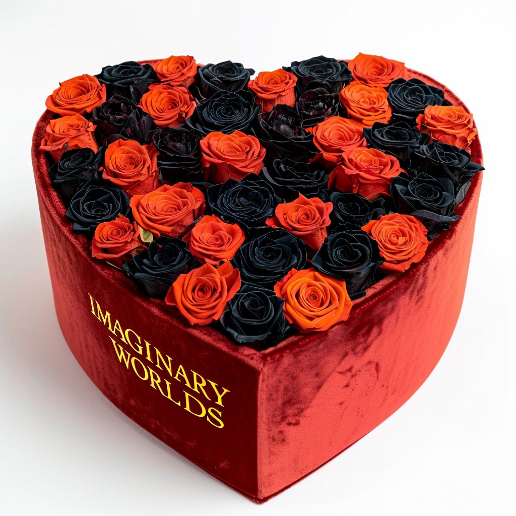 Twilight Glow Roses in Heart - Shaped Black Box - Imaginary Worlds