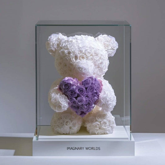 White Rose Bear with Purple Roses Heart - Imaginary Worlds